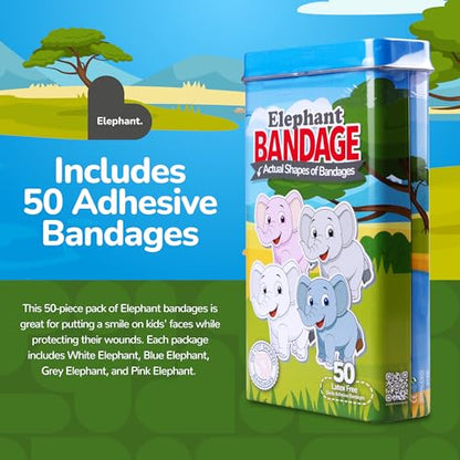 BioSwiss Bandages, Elephant Shaped Self Adhesive Bandage, Latex Free, Sterile Wound Care, 50 Count - size: 50-Count Tin, style: Elephant