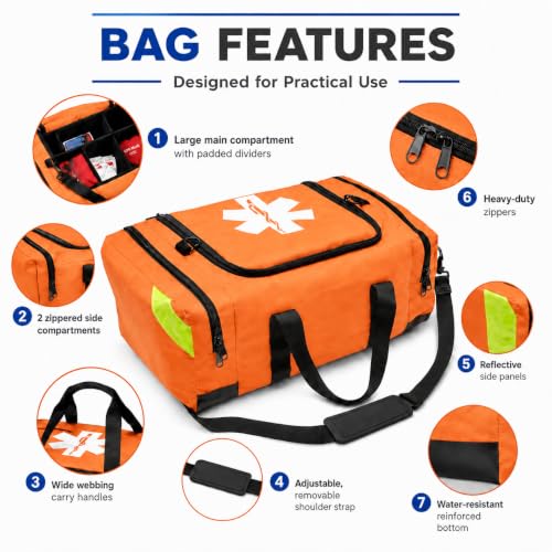 NOVAMEDIC NM-4124 Empty Trauma First Aid Medical Bag, 21"x15"x5", Multi Compartment First Responder Carrier for EMT, Paramedics, Emergency and Medical Supplies Kit, Lightweight and Durable (Orange) - color: Orange