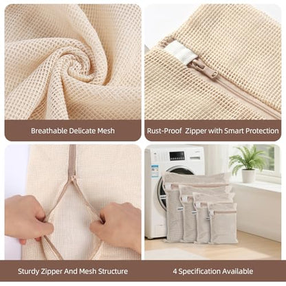 100% Cotton Mesh Laundry Bags, Premium Soft, No Dye, Set of 4, Natural - size: XXL+XL+L+M