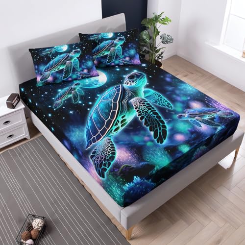 Sea Turtle Kids Bedding Twin Size,1 Fitted Sheet+2 Pillowcases. - color: Blue-a, size: Twin