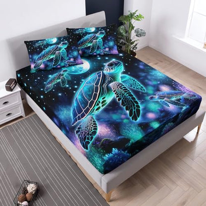 Sea Turtle Kids Bedding Twin Size,1 Fitted Sheet+2 Pillowcases. - color: Blue-a, size: Twin