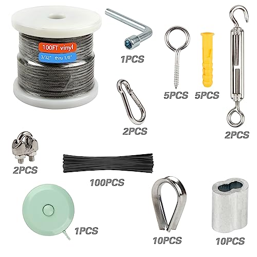 Shineyoo 1/8" Wire Rope Kit - Steel Wire, 100FT Turnbuckles for Cables, Vinyl Coated Stainless Steel Cable for Outdoor, Garden, Kitchen, Craft - style: 100FT