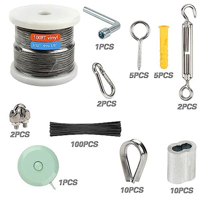 Shineyoo 1/8" Wire Rope Kit - Steel Wire, 100FT Turnbuckles for Cables, Vinyl Coated Stainless Steel Cable for Outdoor, Garden, Kitchen, Craft - style: 100FT