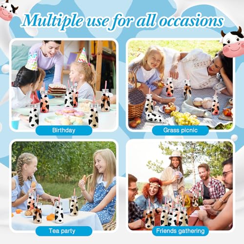 SiliFine 24 Set 7 oz Mini Milk Bottles with Straws Lids, Cow Print Stickers