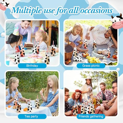 SiliFine 24 Set 7 oz Mini Milk Bottles with Straws Lids, Cow Print Stickers