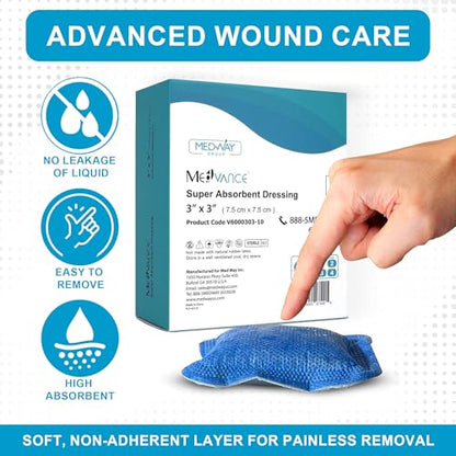 MedVance Super Absorbent Wound Dressing, Non-Adhesive Pads, 3"x3" Box of 10 | Sterile And Individually Wrapped - Non-Stick Wound Bandages - Super Soft - Highly Absorbent & Lock Exudate - Leakproof - size: 3"x3", style: 10 Pack