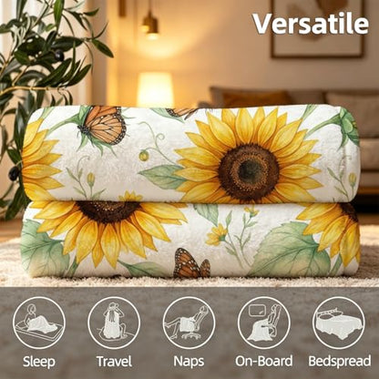 Sunflower and Butterfly Blanket Soft Throw Blanket 60" x 80" - color: Sunflower and Monarch Butterfly, size: 60"x80"