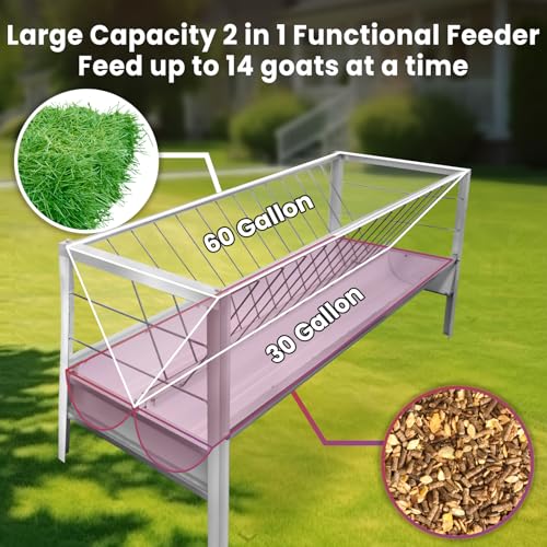 Livestock Grain & Hay Feeder for Goats, 90 Gallon Large Capacity Pasture Hay Feeder with Deeper 23.6 Inch Wide Grain Trough, 59-Inch Long Stainless Steel Goat Hay Feeder for Goats, Sheep, Horse
