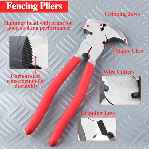9.5 Inch Fencing Pliers - Multi-Purpose Fence Tool with Hammer Head, Wire Cutters, Wire Twisting, Nail Puller - style: 9.5" Fencing Pliers with Hammer End Red
