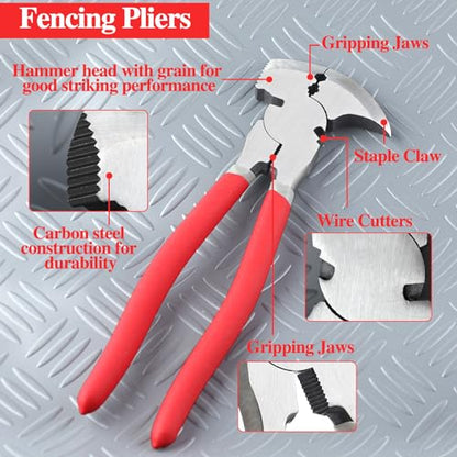 9.5 Inch Fencing Pliers - Multi-Purpose Fence Tool with Hammer Head, Wire Cutters, Wire Twisting, Nail Puller - style: 9.5" Fencing Pliers with Hammer End Red