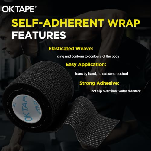 OK TAPE 12 Rolls Self Adhesive Bandage Wrap, Elastic Athletic Tape, Self Stick Bandage Tape, Vet Wrap, Medical Wrap for Wrist, Feet, 2" x 5 Yards - Black | Vet Wrap, Sports Tape, Medical Wrap for Wrist, Feet, Self Stick Bandage Tape, 2" x 5 Yards - Black