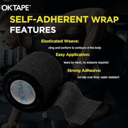 OK TAPE 12 Rolls Self Adhesive Bandage Wrap, Elastic Athletic Tape, Self Stick Bandage Tape, Vet Wrap, Medical Wrap for Wrist, Feet, 2" x 5 Yards - Black | Vet Wrap, Sports Tape, Medical Wrap for Wrist, Feet, Self Stick Bandage Tape, 2" x 5 Yards - Black