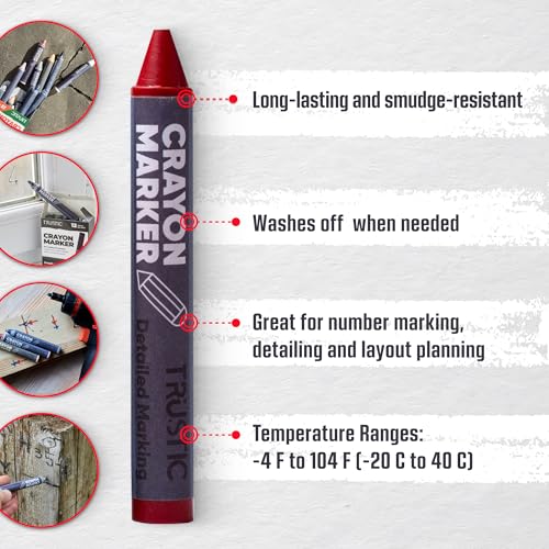 Universal Crayon Wax Marker for Industrial and Craft Detailed Marking on Lumber Metal Carton Ceramics Concrete Glass Plastic Tire 4 x 1/2", Pack of 12 (Red) - color: Red