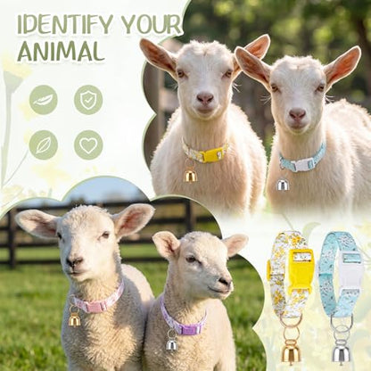 4 Pack Goat Collars with Bells Set, Adjustable Floral Pattern Nylon Sheep Collar, Loud Metal Grazing Bell, Quick Release Buckle for Lambs, Small Farm Animals, Herd ID, Pasture Tracking - style: Flower