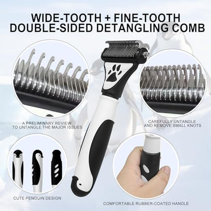 Penguin 2-in-1 Fine&Wide Tooth Pet Dematting Comb for Dogs&Cats | Stainless Steel Blade,Rubber Handle,Dog Dematting Rake,Undercoat Rake for Short&Long Haired Pet,Remove Loose Hair Tangles