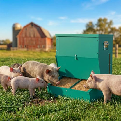 2 Door Hog Feeder,3.7 Bushel Heavy Duty Pig Feeder with Gravity Self Feeding System, Weatherproof Lid & Feed Level Window，Livestock Feeder for Barn, Farm