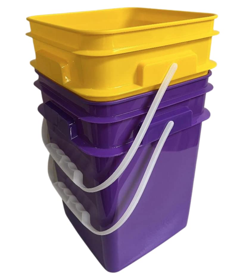 House Naturals 4 Gallon Square Food Grade Plastic Bucket with Lid, Made in USA (Pack of 2) BPA Free (Yellow/Purple) - color: Yellow/Purple