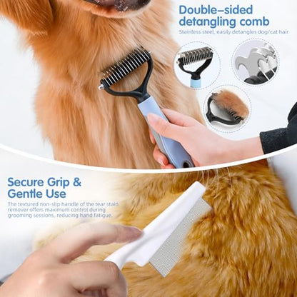 Aglads 8PCS Cat Rabbit Bunny Dog Grooming Kit,Self-Cleaning Brush,Nail Clipper,Grooming Glove,Massage Brush,Flea Comb,Towel&Travel Bag,Complete Grooming Tools for Long&Short Haired Pets(8, blue) - color: BLue
