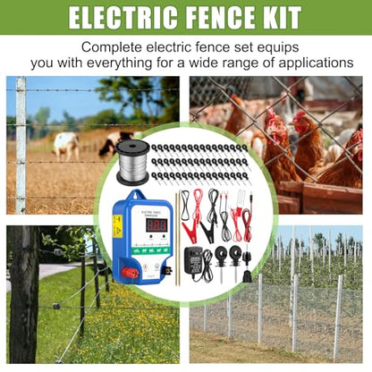 MorningRo Electric Fence Kit, 8 Mile 12kV 2J Electric Fence Charger AC/DC Powered with 50 Insulators, Socket Tool, 250ft Aluminum Wire for Livestock Control(LCD Display Ver.,Blue) - style: LCD Display Ver
