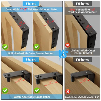 Sliding Gate Hardware Kit, Heavy Duty Fence Gate Kit with Roll Wheels, Universal Fit for 1" to 2" Thick Wood Fence Gates, Anti-Sag Corner Frame Brackets, Smooth Rolling, Easy DIY Installation