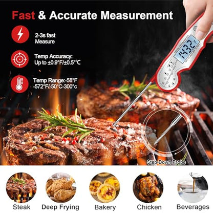 Meat Thermometer Digital - Fast Instant Read Food Thermometer for Cooking, Candy, Outside Grill, and Roast, Digital Food Thermometer with Backlight LCD & Calibration - Red/Silver - color: Red/Silver