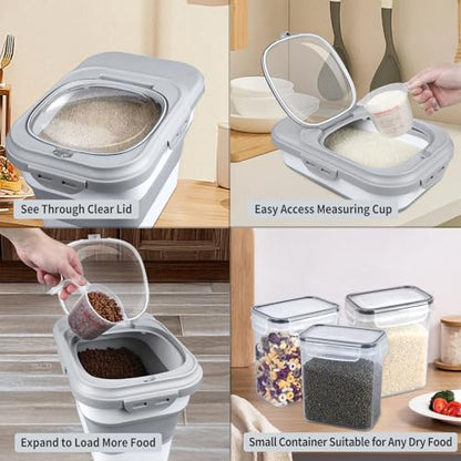 Komzon Rice Storage Container, Collapsible Airtight Food Storage Containers 6-20 Lbs, Rice Dispenser with Measuring Cup and Small Bin for Flour Cereal Pasta Grain, Cat Pet Dog Bird Food Container - size: 6-20 Lbs Gray