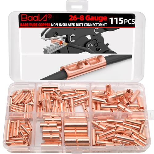BAALA 115 PCS Non Insulated Butt Connectors Kit Pure Copper, 26-8 Gauge Butt Splice Connector Wire Connectors, Seamless Barrel Crimping Butt Terminals - color: Bare Copper