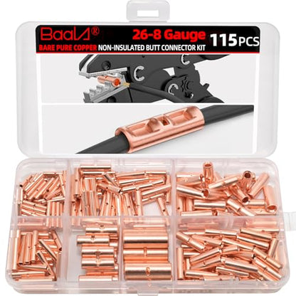 BAALA 115 PCS Non Insulated Butt Connectors Kit Pure Copper, 26-8 Gauge Butt Splice Connector Wire Connectors, Seamless Barrel Crimping Butt Terminals - color: Bare Copper