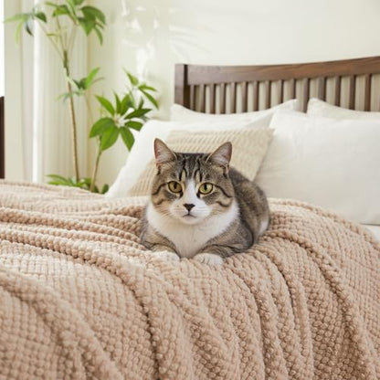 EMME Fleece Blanket, 3D Jacquard Throw Blanket for Couch and Bed, Soft Cozy and Fluffy Blankets Lightweight Luxury Flannel with Waffle Design (Beige, 80" x 90") - color: 02-waffle-beige, size: Queen