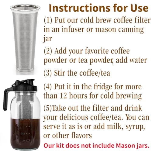 Goaste 3 Pack Cold Brew Coffee Filter for 64oz Wide Mouth Mason Jar, 304 Stainless Steel Strainer with Seal Ring, Coffee Tea Infuser Ultra Fine Mesh for Iced Coffee, Lemonade, Fruit Drinks, Sun Tea