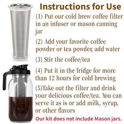 Goaste 3 Pack Cold Brew Coffee Filter for 64oz Wide Mouth Mason Jar, 304 Stainless Steel Strainer with Seal Ring, Coffee Tea Infuser Ultra Fine Mesh for Iced Coffee, Lemonade, Fruit Drinks, Sun Tea