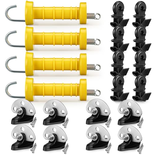Tondiamo 4 Sets Electric Fence Gate Handle Set with Anchors and Insulators Including 4 Pcs Plastic Electric Fence Gate Handle with Spring, 8 Pieces Anchor Set, 8 Pieces Black Insulators