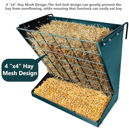 Wall Mount Hay Rack, Heavy-Duty Galvanized Metal 2 in 1 Hay and Grain Feeder, Livestock Feeder with Adjustable Distance, Hay Feeder for Goats, Sheep, Horse - color: Dark Green