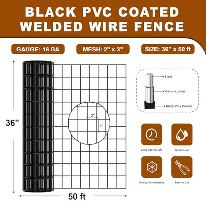 Black Chicken Wire Fencing 16 Gauge, PVC Coated Welded Mesh Fence 2" x 3" Gap, for Vegetable Garden, Yard, Little Animal Protection, Baby Care, and Pet Enclosures DIY Projects 36" x 50 ft - size: 36" x 50 ft