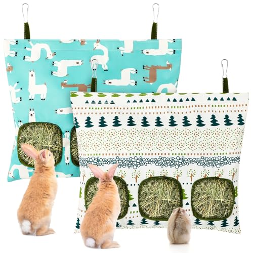 UPINS 2Pack Guinea Pig Hay Feeder Bag,Bunny Rabbit Cage Bag Hanging Holder - color: White Blue, size: 34 x 28 cm