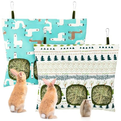 UPINS 2Pack Guinea Pig Hay Feeder Bag,Bunny Rabbit Cage Bag Hanging Holder - color: White Blue, size: 34 x 28 cm