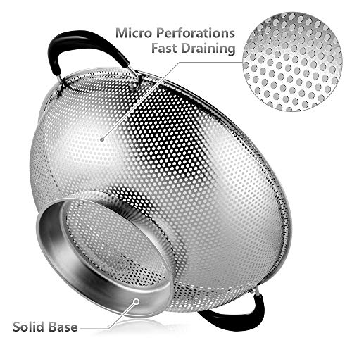 Tiawudi 18/8 Stainless Steel Colander, Easy Grip Micro-Perforated 5-Quart Colander, Strainer with Riveted and Heat Resistant Handles, BPA Free. Great for Pasta, Noodles, Vegetables and Fruits