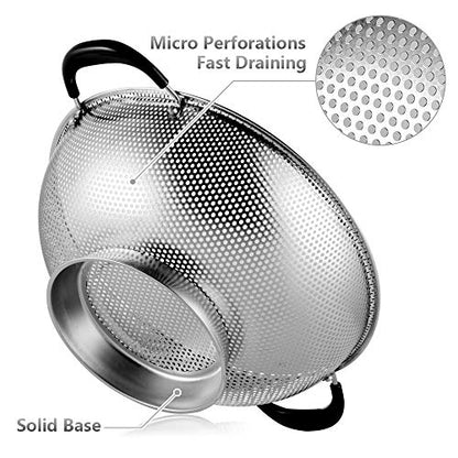 Tiawudi 18/8 Stainless Steel Colander, Easy Grip Micro-Perforated 5-Quart Colander, Strainer with Riveted and Heat Resistant Handles, BPA Free. Great for Pasta, Noodles, Vegetables and Fruits