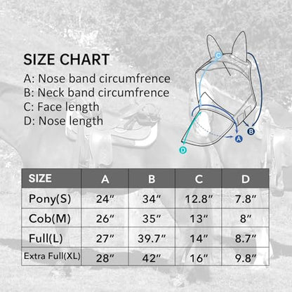 Harrison Howard Horse Fly Mask with Ears & Long Nose Cover, UV Protection, Fine Mesh Fly Mask for Horses, Large Eye Space & Soft Fleece Edging for Turnout & Grazing Orange/Black M - size: M