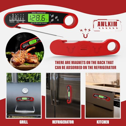 AWLKIM 2 Pack Meat Thermometer Digital, Instant Read Food Thermometer, Red | Waterproof cooking thermometer with doneness chart, backlight, F/C switch for BBQ, candy, oil - color: 2 Pack Red