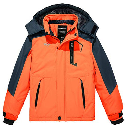 Wantdo Boy's Waterproof Ski Jacket Fleece Snowboarding Jackets Warm Thick Winter Coat Hooded Raincoats - color: Orange, size: 14-16