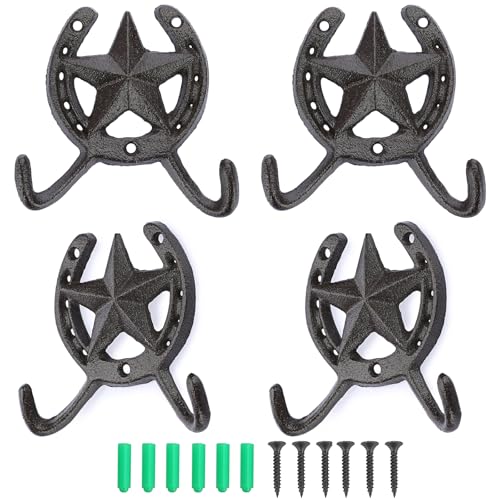 JUXYES Heavy Duty Cast Iron Western Horseshoe Star Hat Hook with 2 Hanger - size: 4 Pack