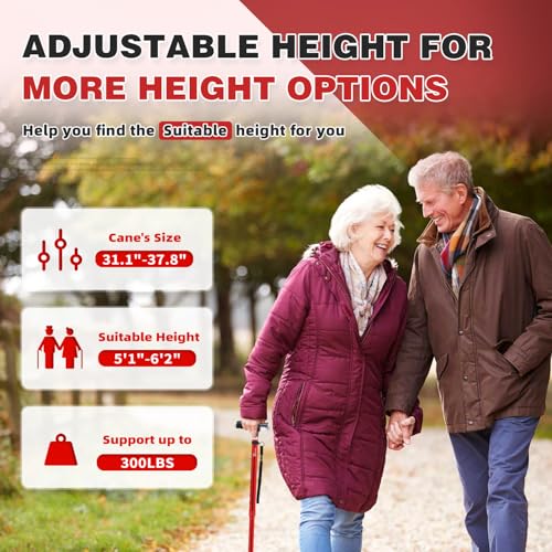 BeneCane Walking Cane for Women Folding Cane for Men with Two Led Lights Quad Cane with Stable Base Lightweight and Adjustable Walking Stick - color: Red