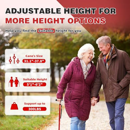 BeneCane Walking Cane for Women Folding Cane for Men with Two Led Lights Quad Cane with Stable Base Lightweight and Adjustable Walking Stick - color: Red