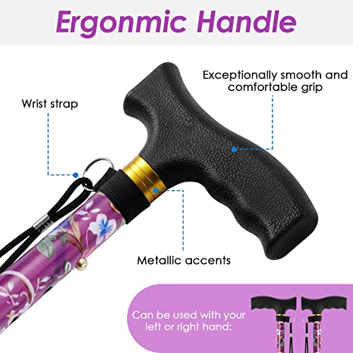 Walking Cane PANZHENG Cane for Man/Woman | Mobility & Daily Living Aids | 5-Level Height Adjustable Walking Stick | Comfortable Plastic T-Handle Portable Walking Stick Folding Cane - color: Cane-Purple print