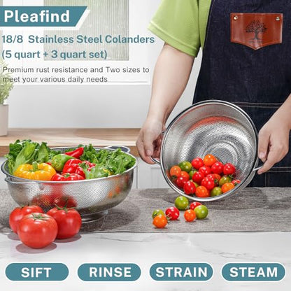 Pleafind Colander for Kitchen - 5 QT & 3 QT Stainless Steel Strainer with Handle, Kitchen Strainer Colanders Bowl for Pasta, Noodles, Spaghetti, Vegetables and Fruits, Rust-Resistant & Dishwasher Safe - size: 5QT&3QT