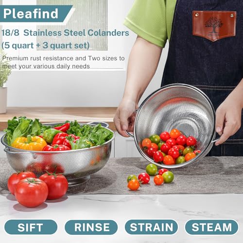 Pleafind 18/8 Stainless Steel Colander for Kitchen - 5 qt and 3 qt, Rapid-Flow Strainers and Colanders with Handle, Pasta Strainer with Sturdy Base for Stable Use, Rust-Resistant & Dishwasher Safe - size: 5Qt & 3Qt