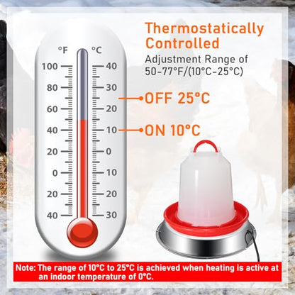 12 Inch Chicken Water Heater Base, 5 Gallons Poultry Drinker Heater Base with Thermostat and Power Cord, Automatic Electric Poultry Winter Deicer Heated Base for Plastic/Metal Chicken Waterer