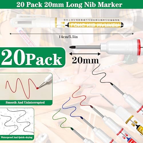 20 Pcs 20mm Long Nib Marker Long Head Deep Hole Marker Pens Deep Reach Permanent Paint Markers Marking Pen for Metal Drilling Construction Carpenter（Black） - color: Black