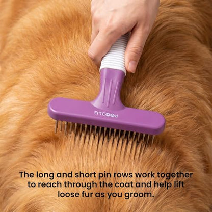 POODLIE Poodle Pet Dog Grooming Rake| Dematting Tool with Stainless Steel Shedding Comb for Pets | 2 Rows of Pins Gently Remove Loose or Tangled Hair from Undercoat | Purple Handle - color: Purple